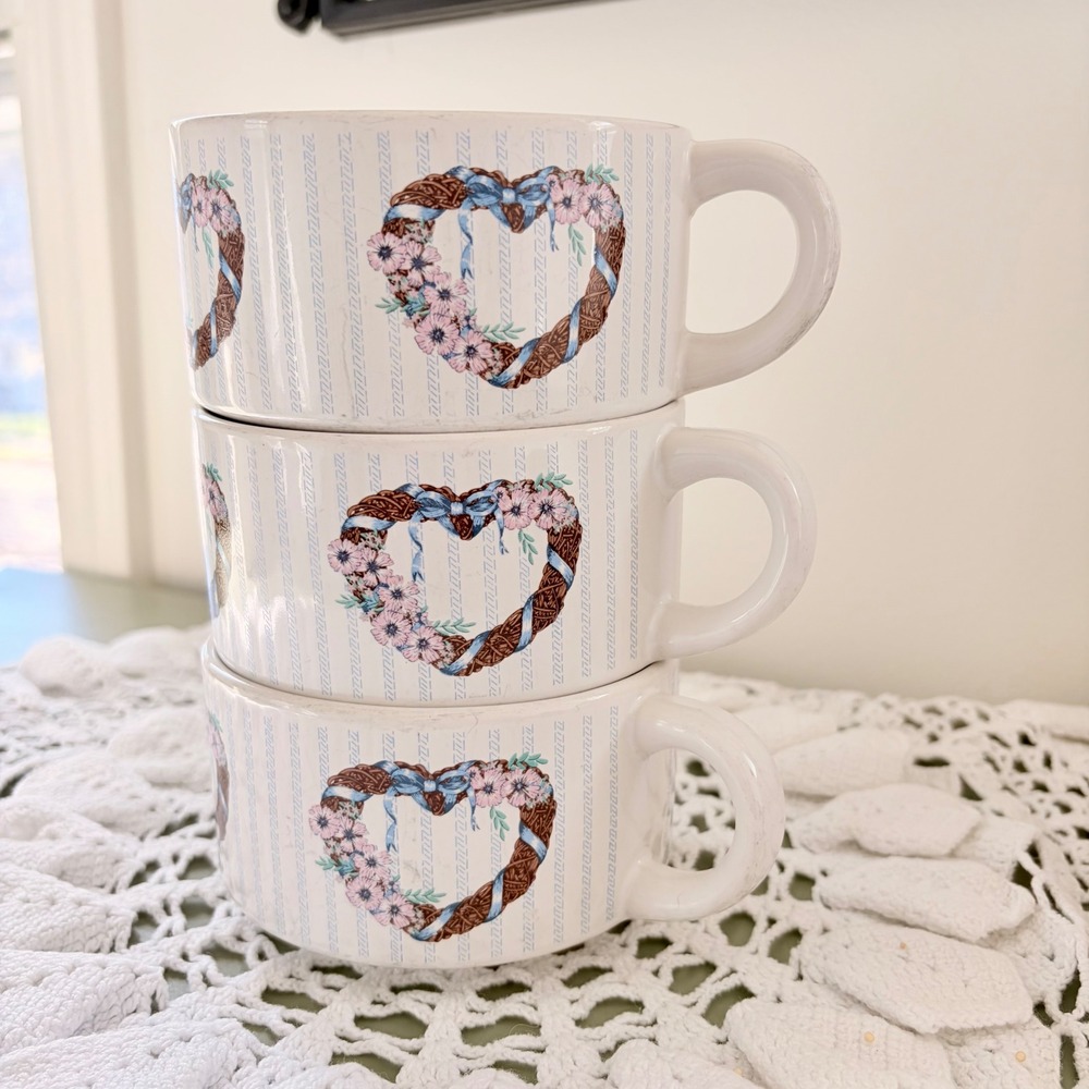 Vintage Floral Soup Mugs Set of 3 | Cottagecore Kitchen | Pink Blue Heart Design
